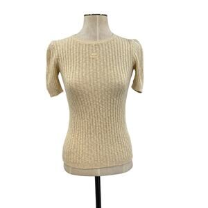 Courreges Vintage Sweater‎ Short Sleeve Ribbed Knit Logo Beige Cream Size 0 XS